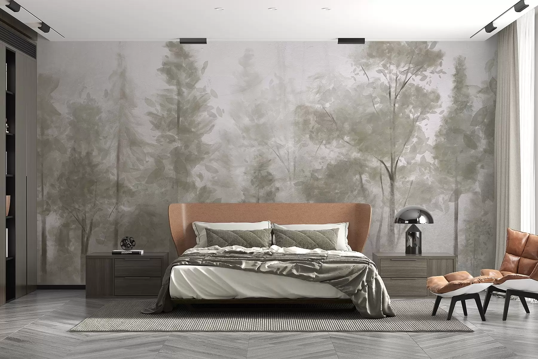wall murals Tall textured pine trees in a foggy forest, with a misty, hazy atmosphere w08411