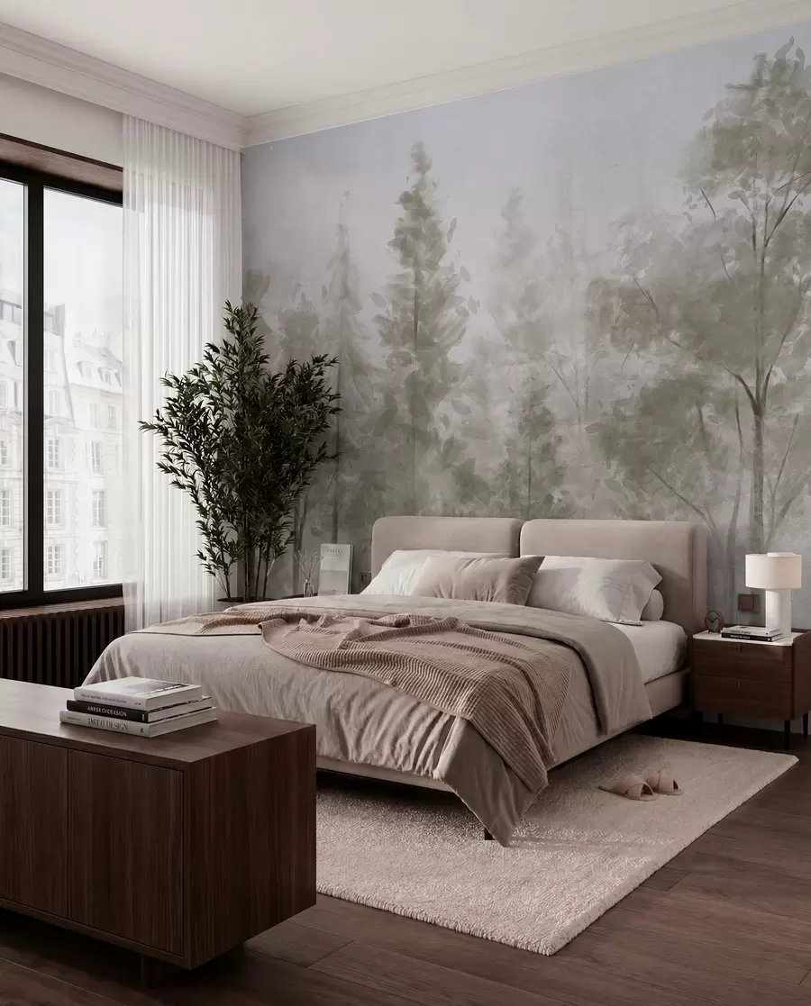 wall murals Tall textured pine trees in a foggy forest, with a misty, hazy atmosphere w08411