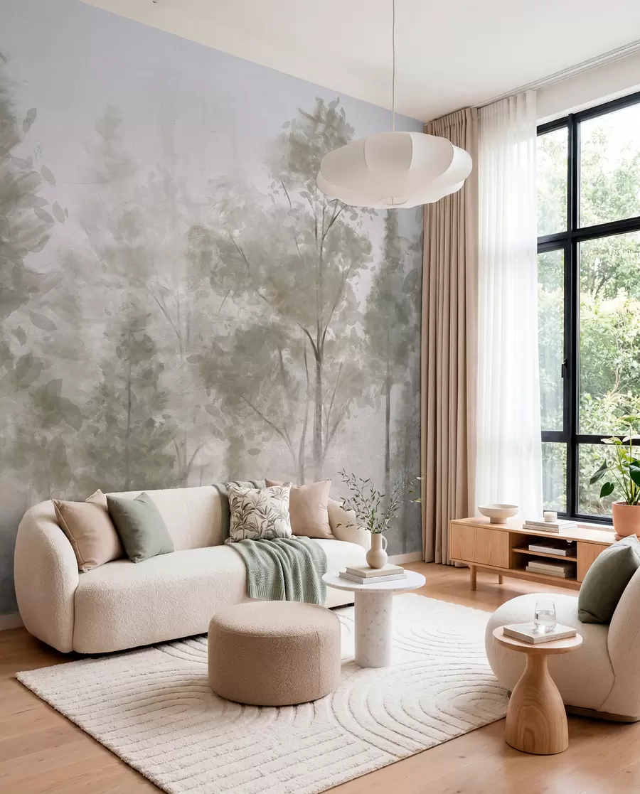 wall murals Tall textured pine trees in a foggy forest, with a misty, hazy atmosphere w08411