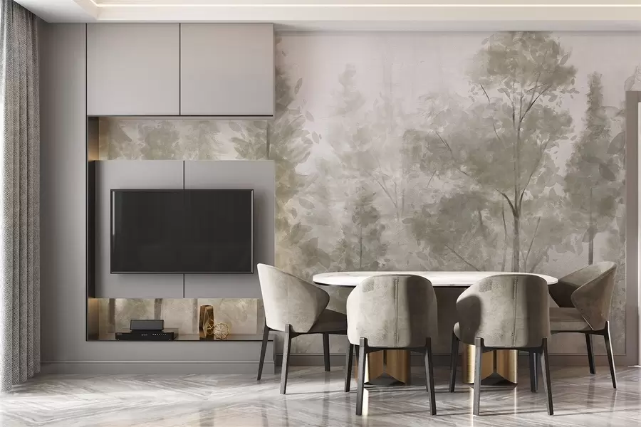 wall murals Tall textured pine trees in a foggy forest, with a misty, hazy atmosphere w08411
