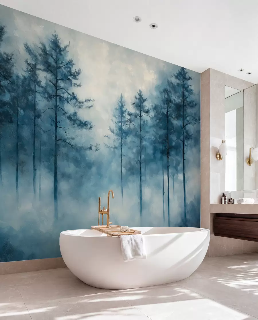 wall murals Mystical forest, pine trees, fog, acrylic paint, deep blue colors w02149