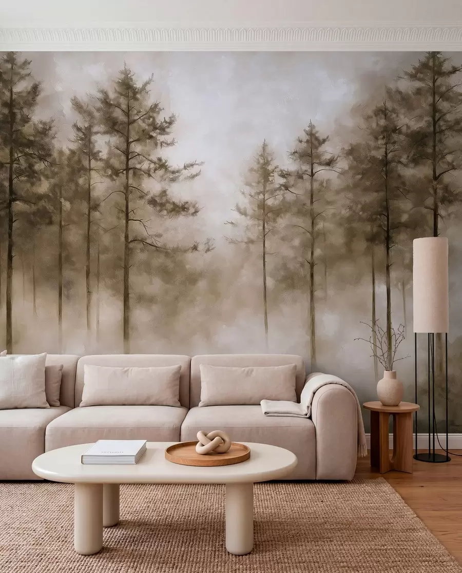 wall murals Mystical forest, pine trees, fog, acrylic paint, beige colors w02149v1