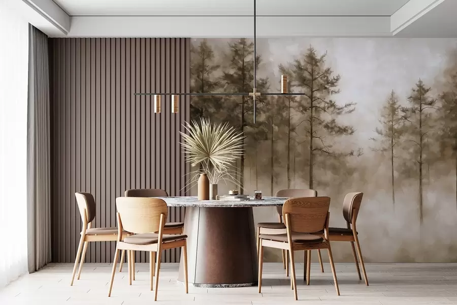 wall murals Mystical forest, pine trees, fog, acrylic paint, beige colors w02149v1