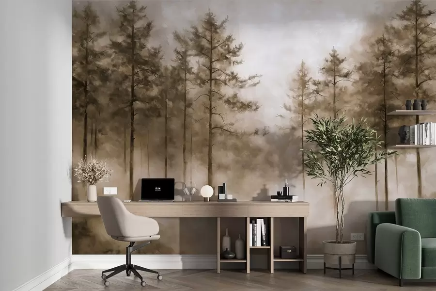 wall murals Mystical forest, pine trees, fog, acrylic paint, beige colors w02149v1
