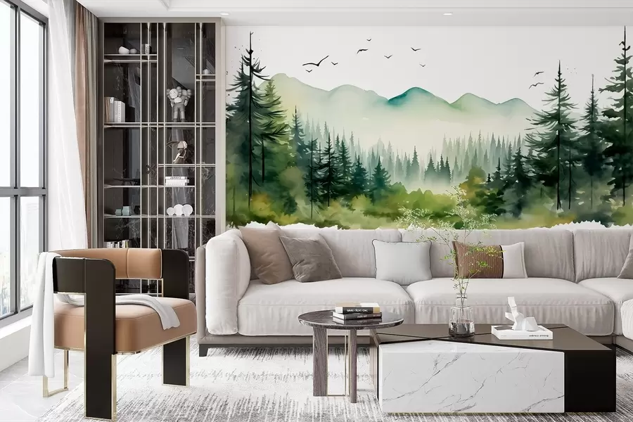 wall murals Watercolor forest and mountain landscapes, green color palette  w02150