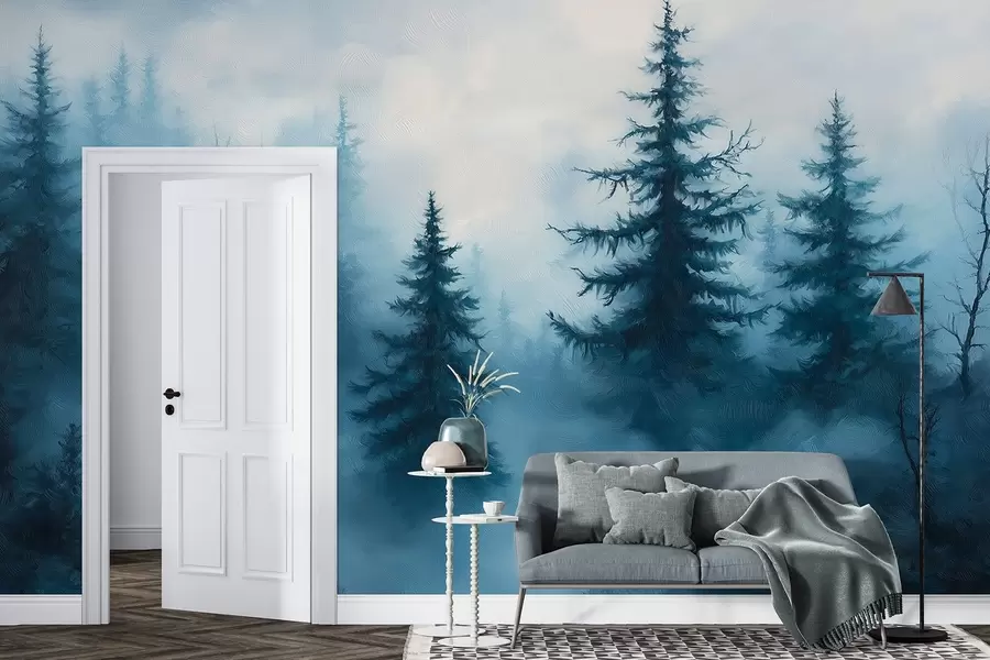 wall murals Dark blue forest, oil painting, brush strokes, nature w02153