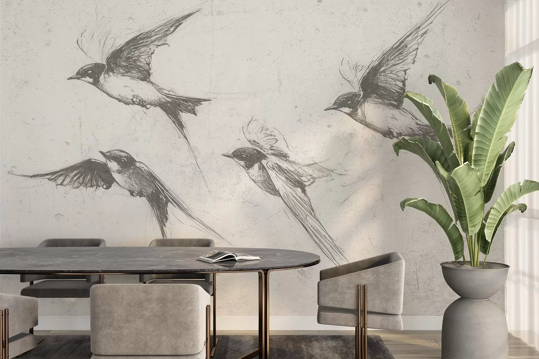 wall murals Flying birds, ink drawing, minimalism, grey colors w02155
