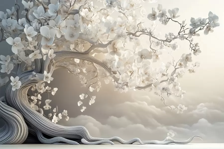 wall murals A charming tree with white flowers against the background of clouds in an interesting style in delicate warm colors w02133