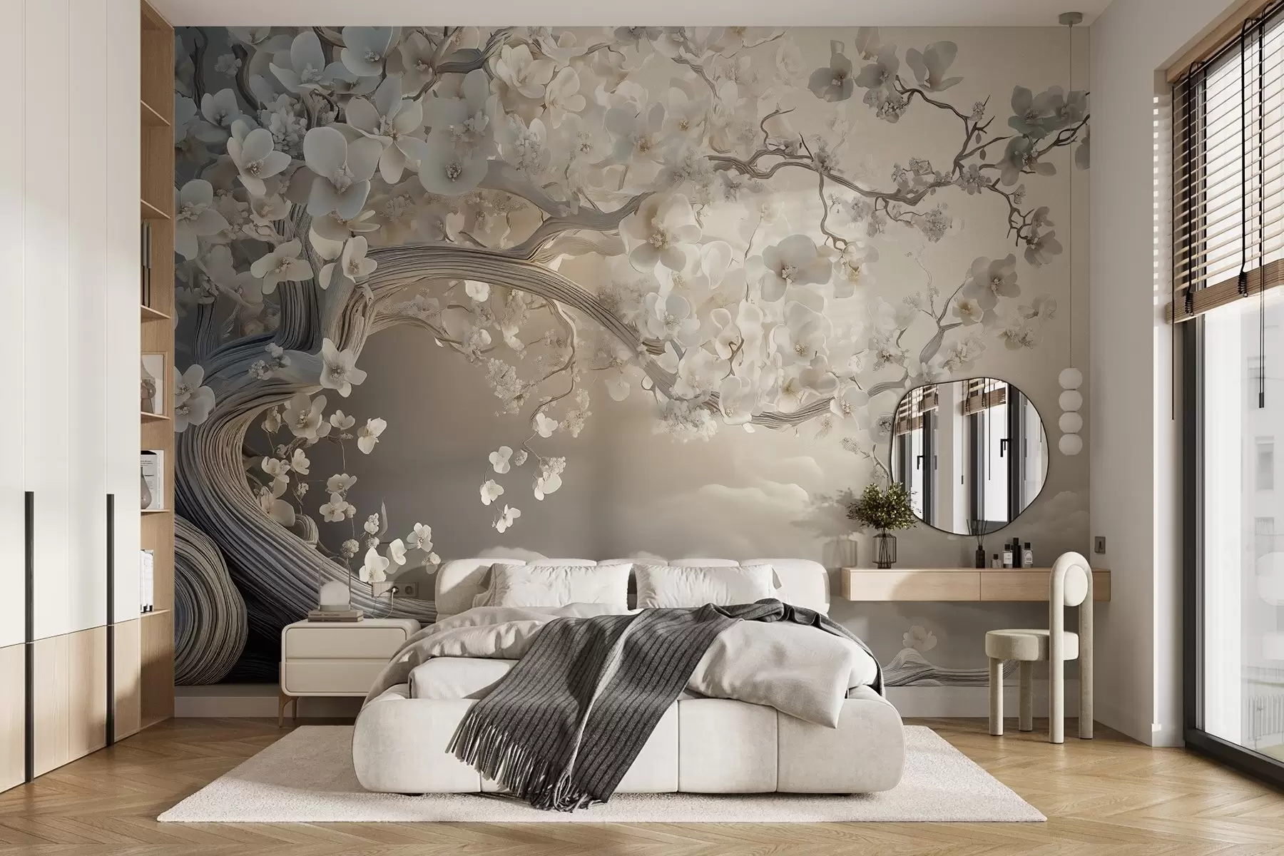 wall murals A charming tree with white flowers against the background of clouds in an interesting style in delicate warm colors w02133