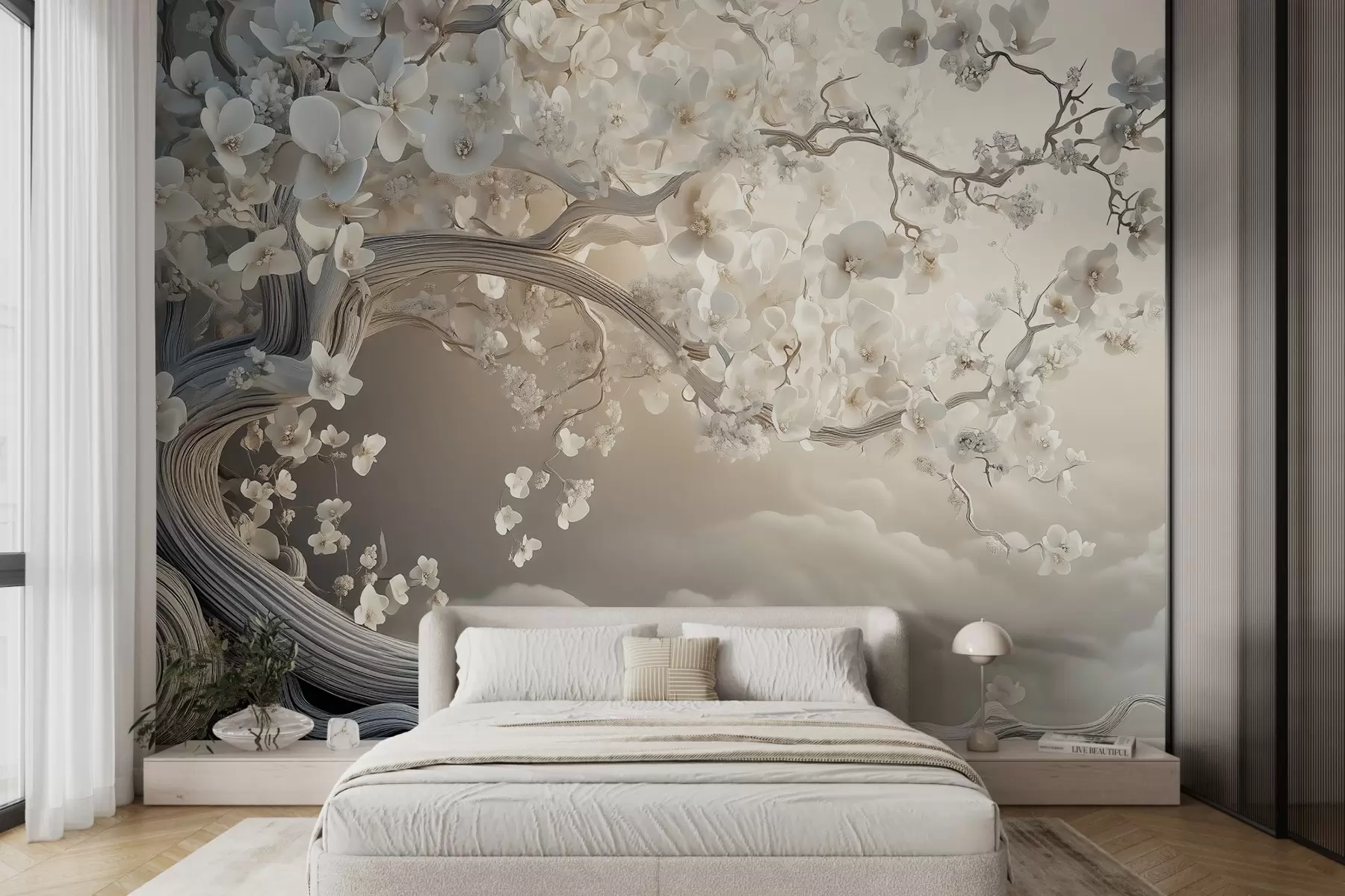 wall murals A charming tree with white flowers against the background of clouds in an interesting style in delicate warm colors w02133
