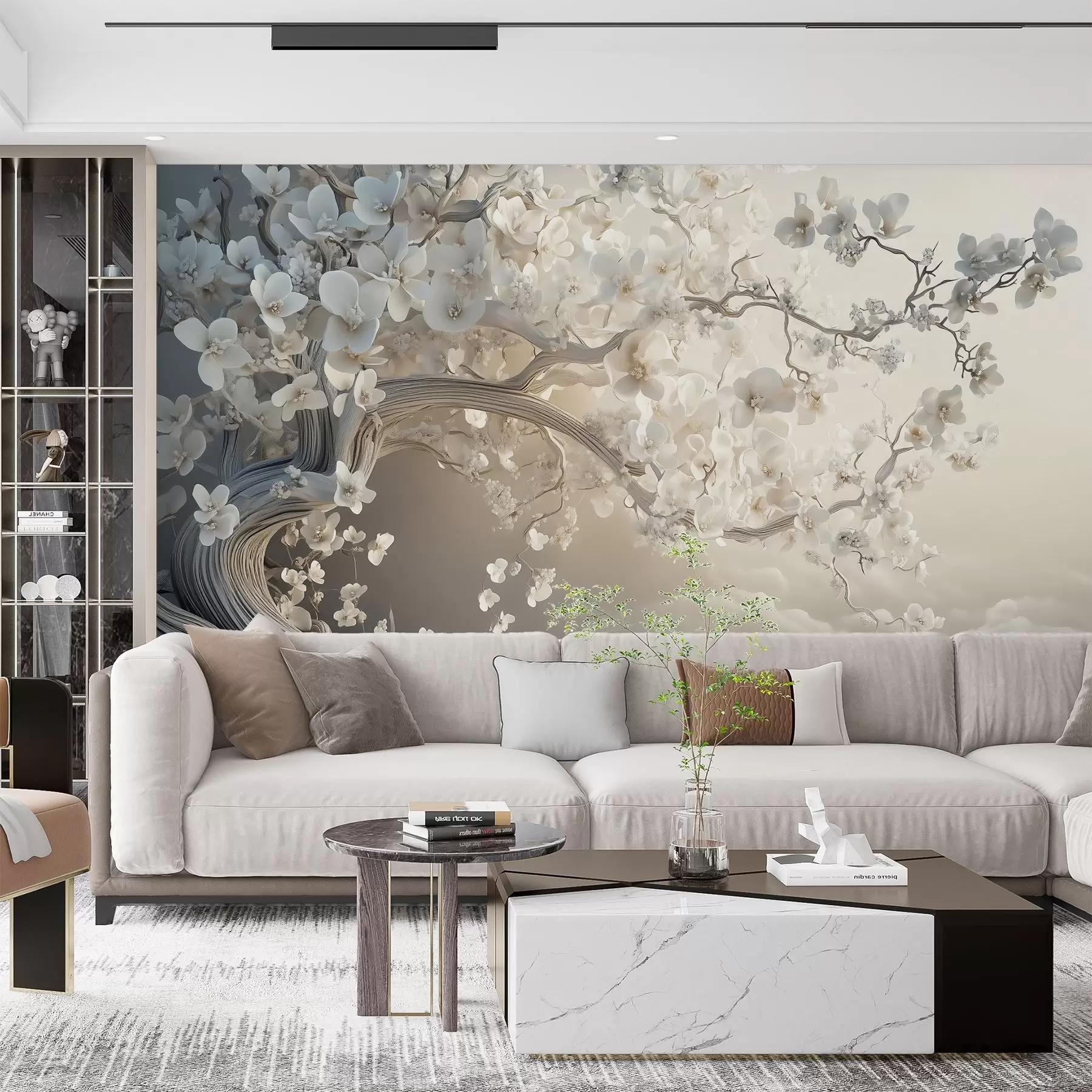 wall murals A charming tree with white flowers against the background of clouds in an interesting style in delicate warm colors w02133
