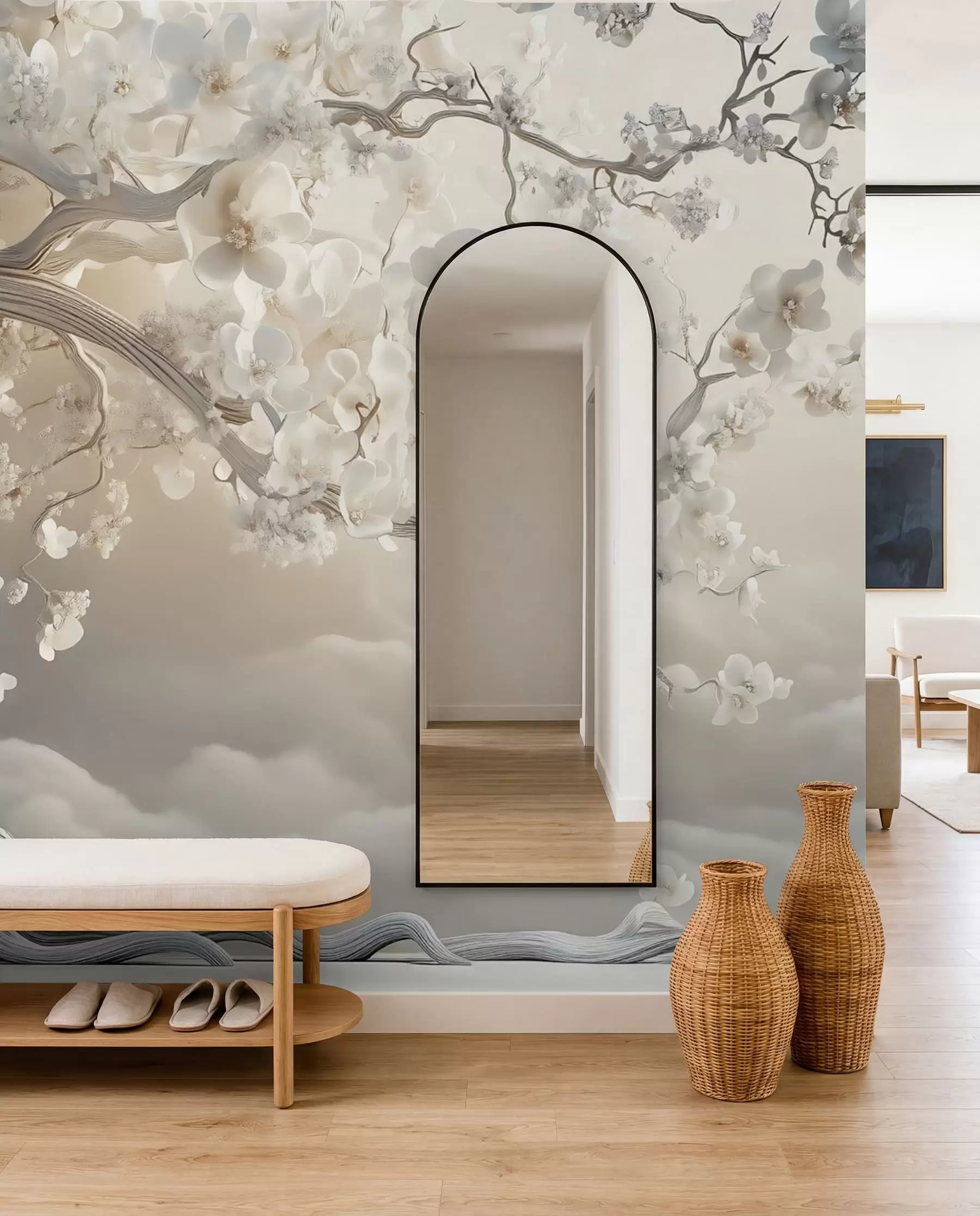 wall murals A charming tree with white flowers against the background of clouds in an interesting style in delicate warm colors w02133