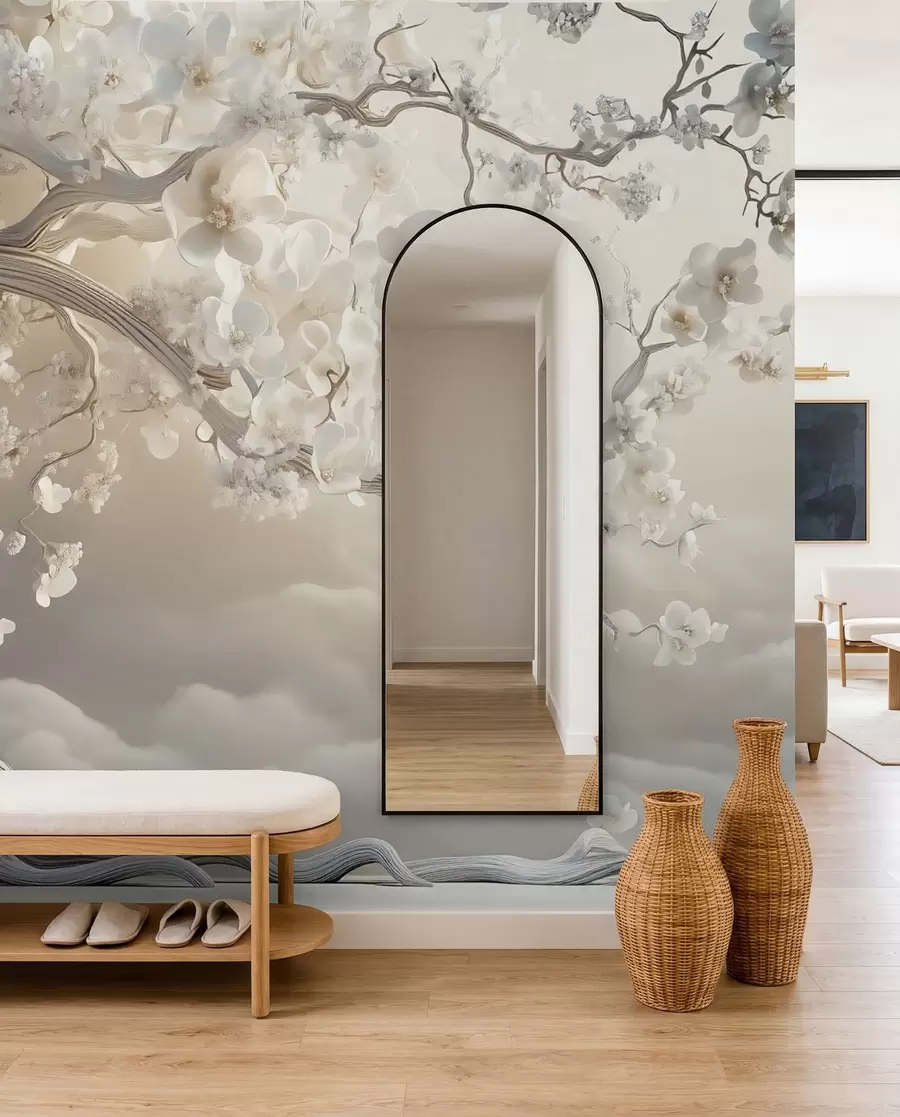 wall murals A charming tree with white flowers against the background of clouds in an interesting style in delicate warm colors w02133