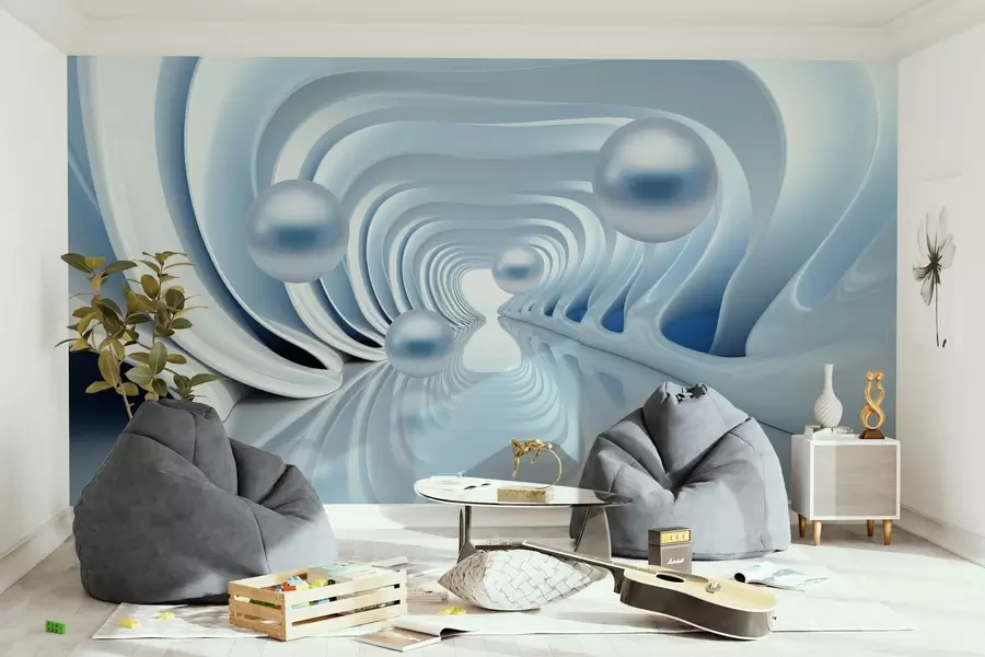 wall murals Futuristic wallpaper with a panorama of the tunnel in perspective and flying pearls w02134