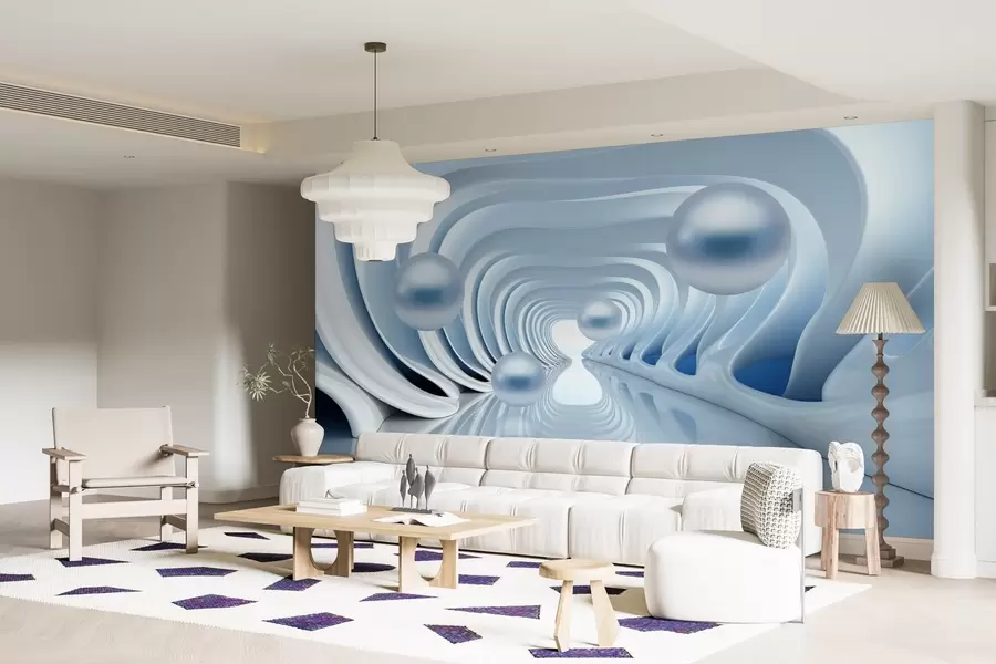 wall murals Futuristic wallpaper with a panorama of the tunnel in perspective and flying pearls w02134