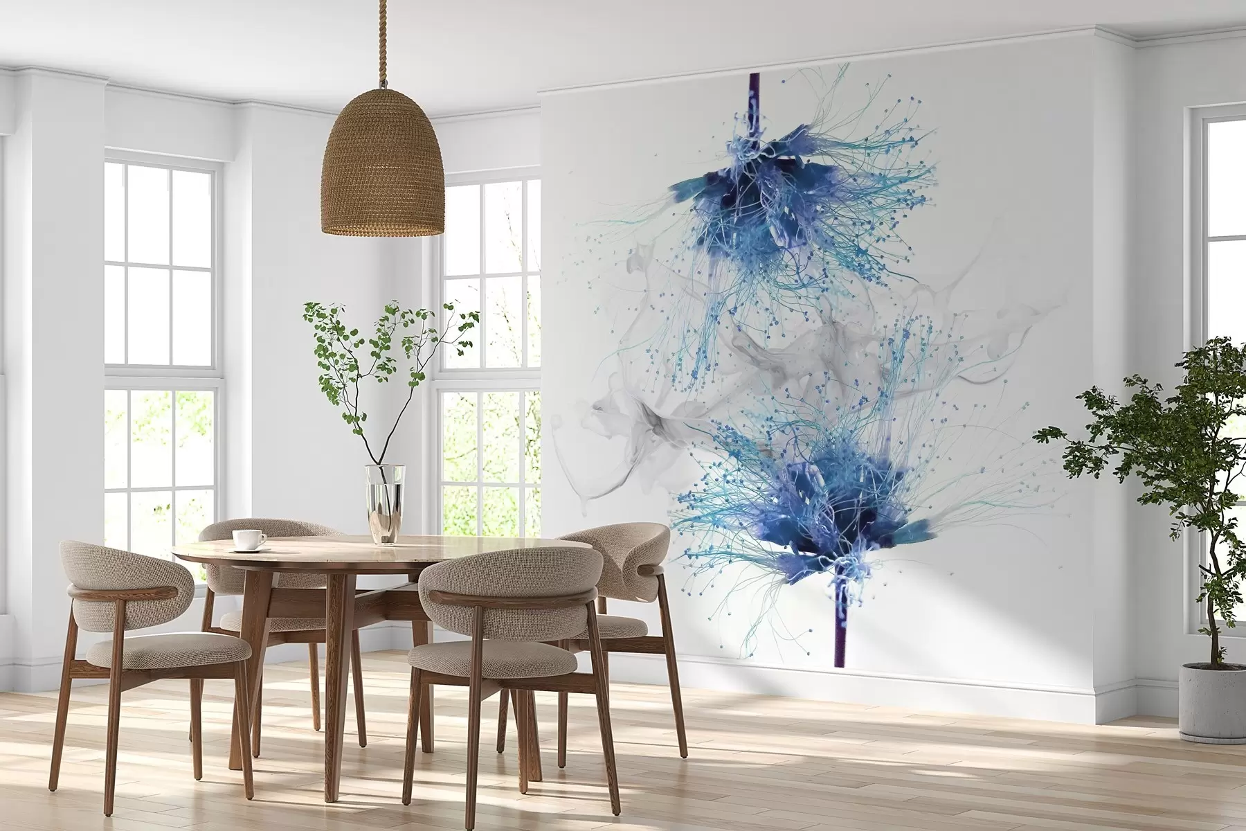 wall murals large blue flowers in close-up against a background of smoke  w02137v2