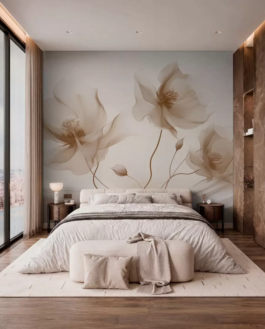 wall murals Three graceful flowers with translucent petals, intertwined with ribbons of light and wind  in beige tones w01932