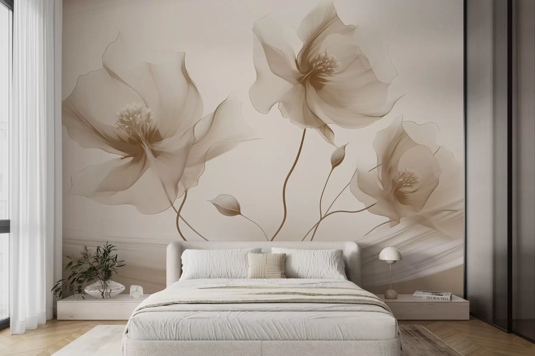 wall murals Three graceful flowers with translucent petals, intertwined with ribbons of light and wind  in beige tones w01932