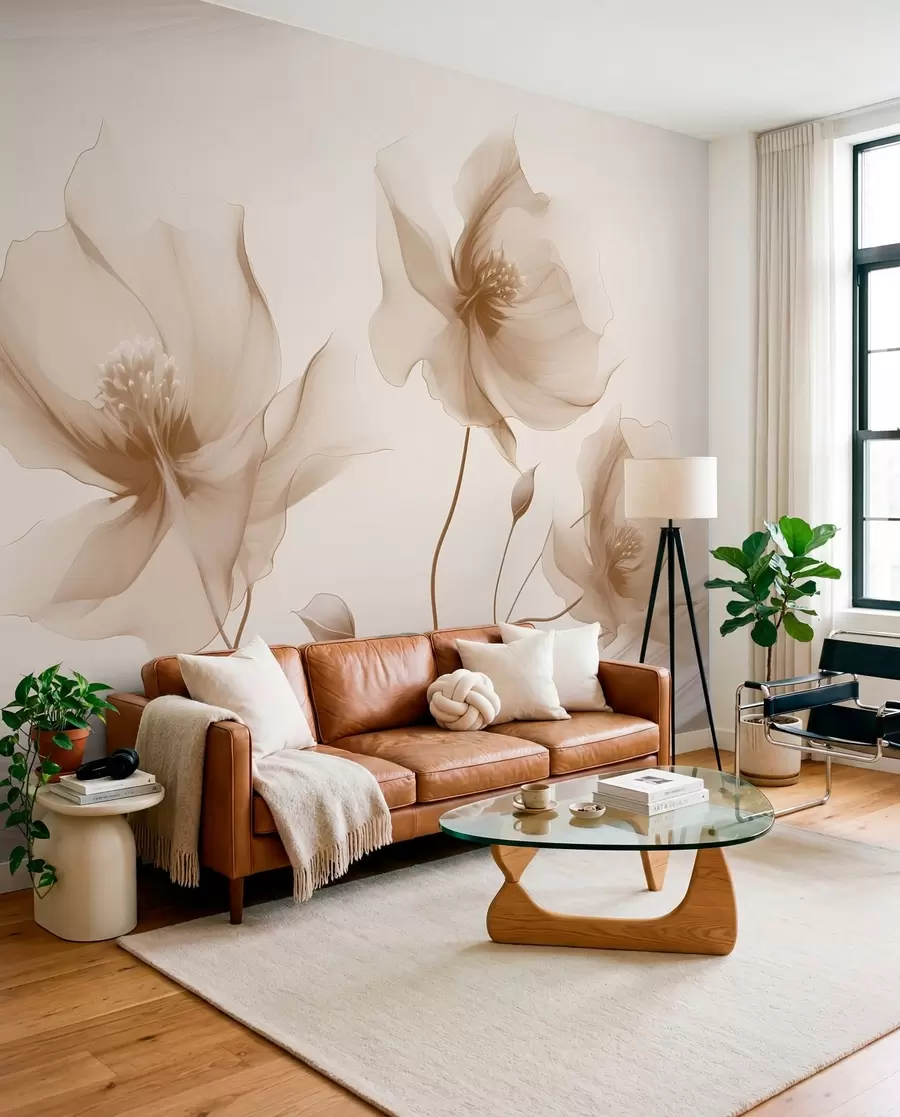 wall murals Three graceful flowers with translucent petals, intertwined with ribbons of light and wind  in beige tones w01932