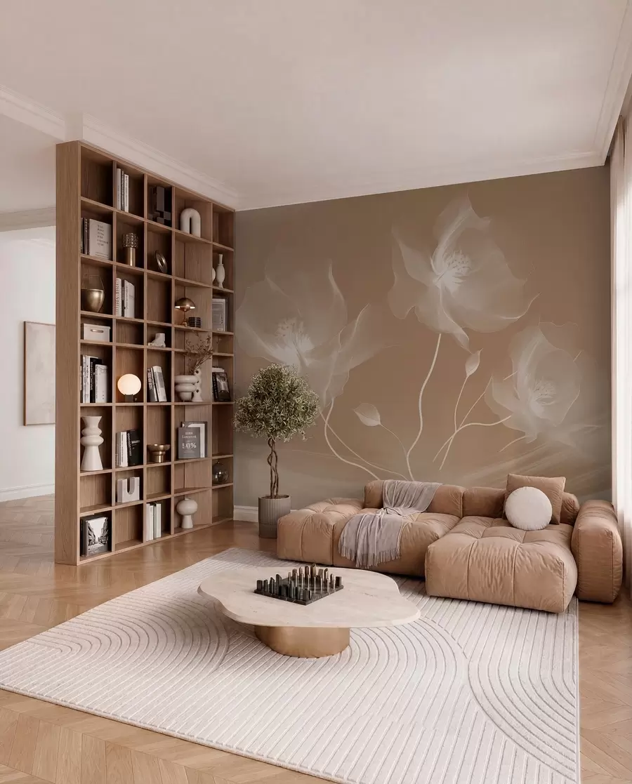 wall murals Three graceful flowers with translucent petals, intertwined with ribbons of light and wind in sepia w01932v1