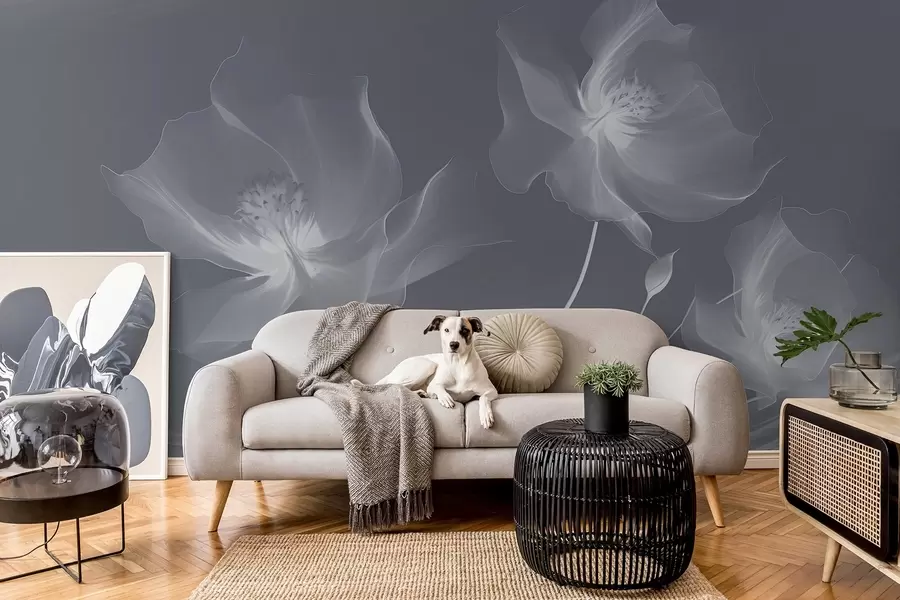 wall murals Three graceful flowers with translucent petals, intertwined with ribbons of light and wind in blue tones w01932v2