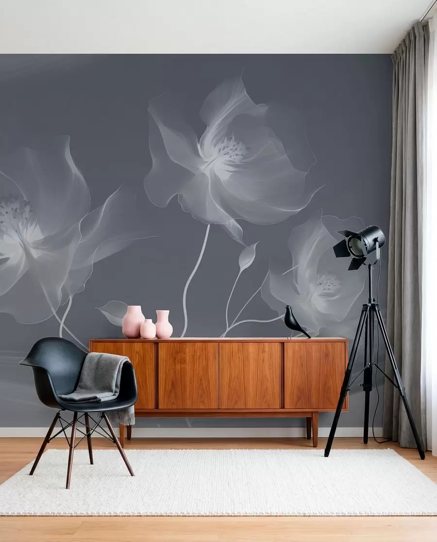 wall murals Three graceful flowers with translucent petals, intertwined with ribbons of light and wind in blue tones w01932v2