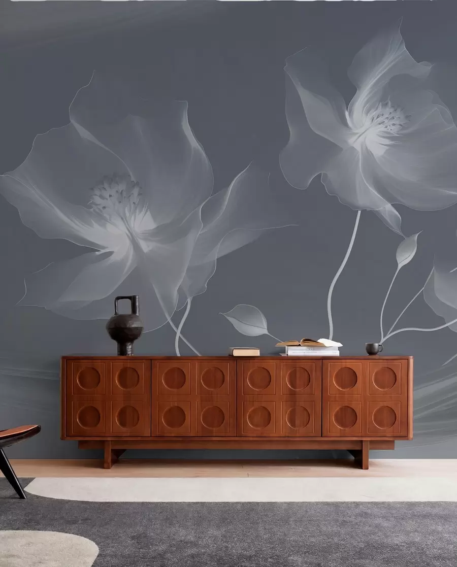 wall murals Three graceful flowers with translucent petals, intertwined with ribbons of light and wind in blue tones w01932v2