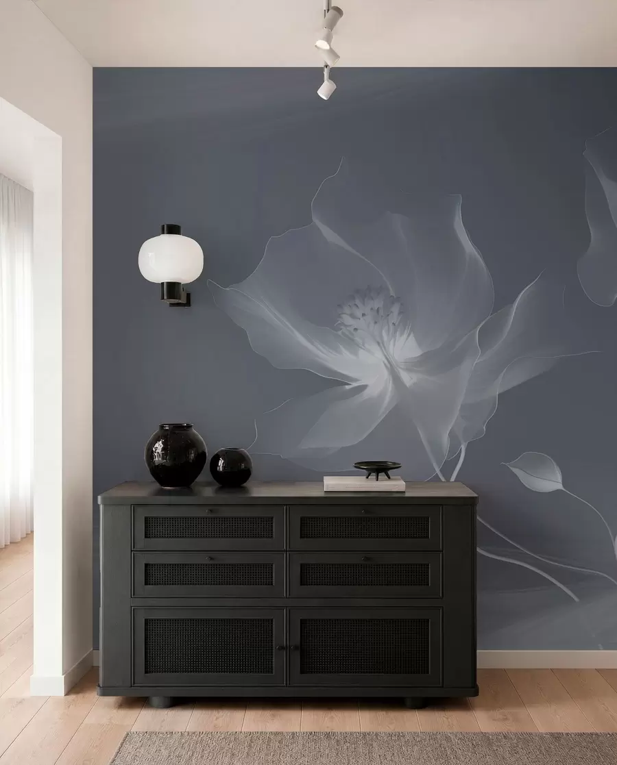 wall murals Three graceful flowers with translucent petals, intertwined with ribbons of light and wind in blue tones w01932v2