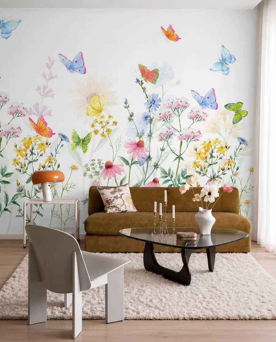 wall murals Colorful flowers and plants and butterflies w02238