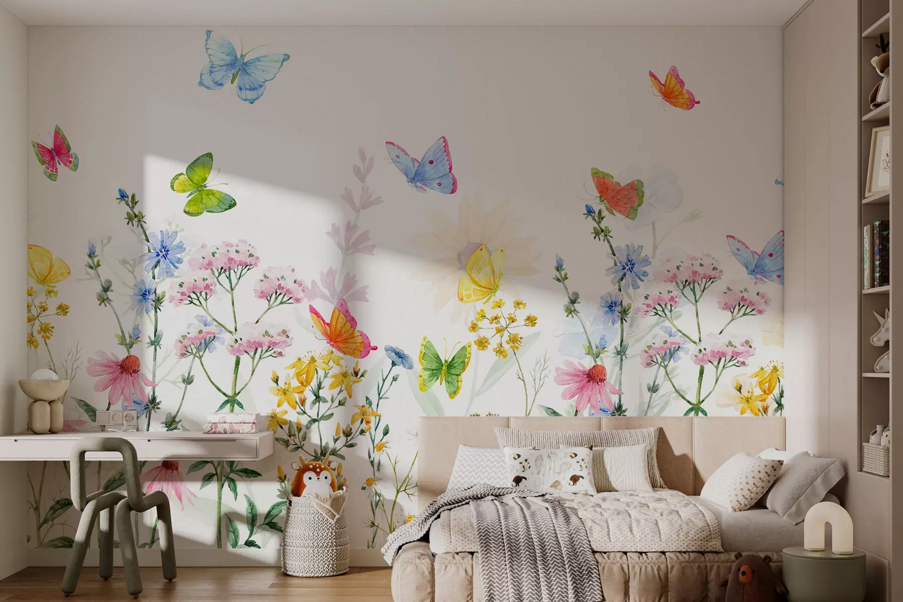 wall murals Colorful flowers and plants and butterflies w02238