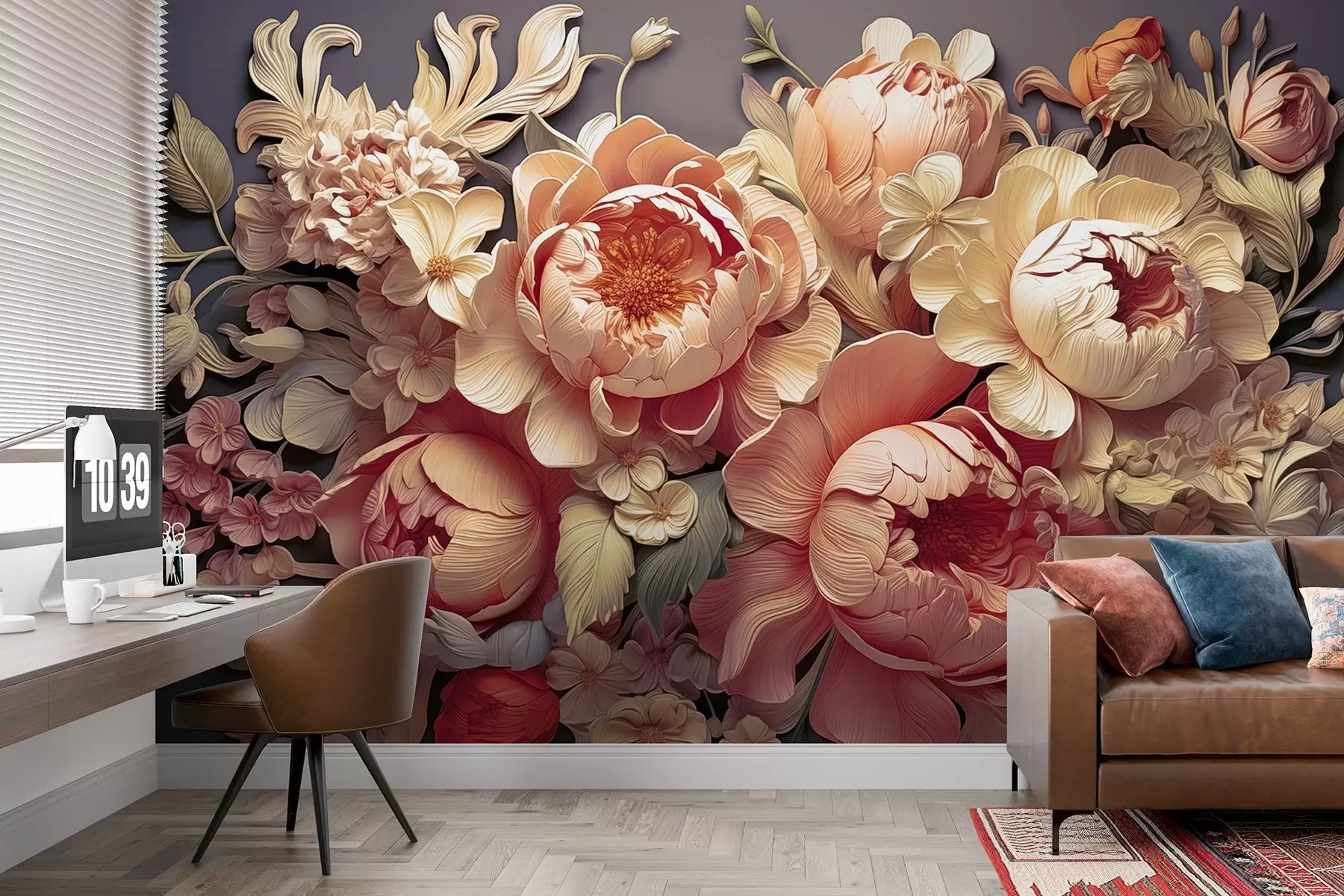wall murals A 3D floral arrangement featuring pink-beige peonies and Rococo-style roses on a dark background w01933