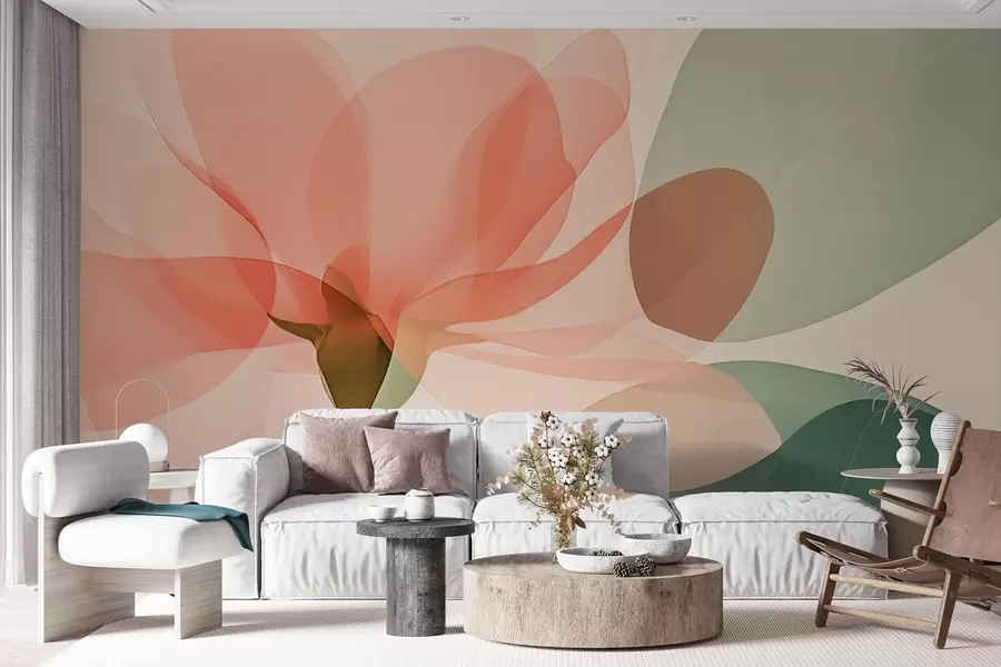 wall murals Delicate pink gardenias and green tones of transparent leaves w02194