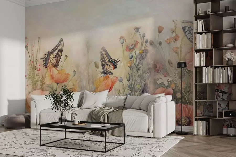 wall murals Large butterflies in wildflowers w01896
