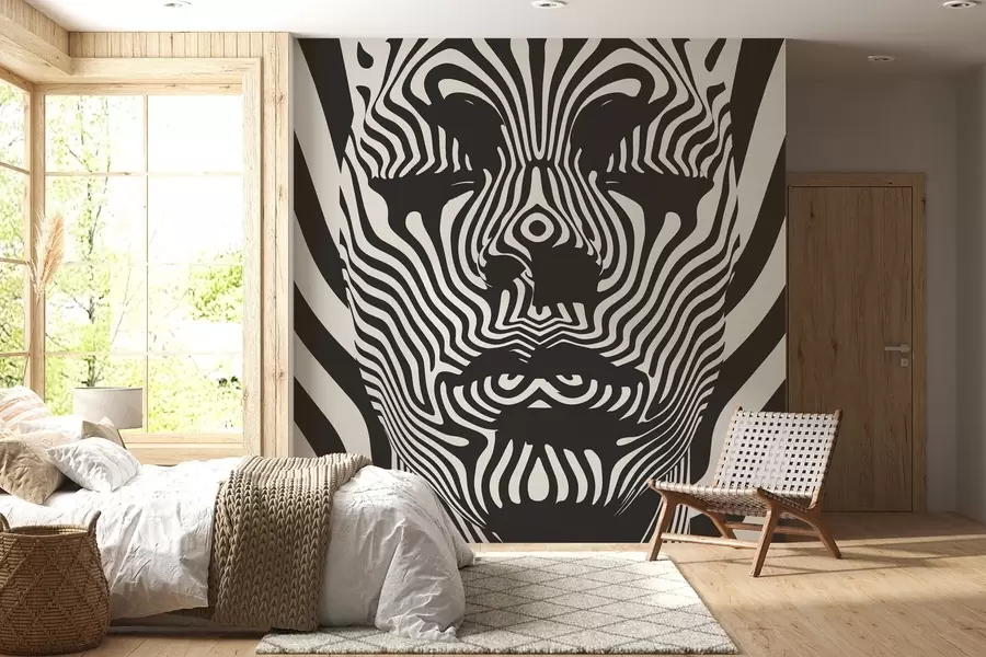 wall murals Op art style trellis with abstract face, wavy lines on light colored background w02285