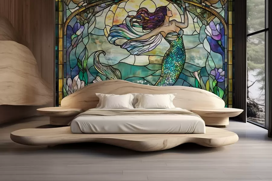 wall murals Wallpaper in stained glass style with the image of a magical mermaid w02286