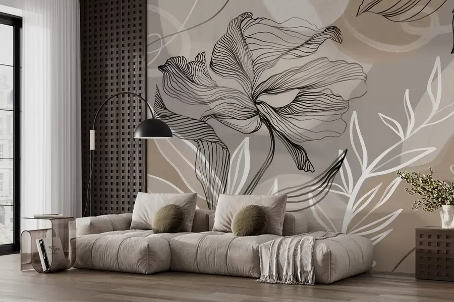 wall murals Elegant floral print with large abstract line flowers and leaves in shades of gray and beige on a light background w08413
