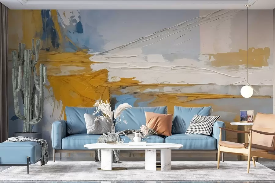 wall murals Minimalist abstract art composition with bold brushstrokes of yellow, blue, and white paint  w08414