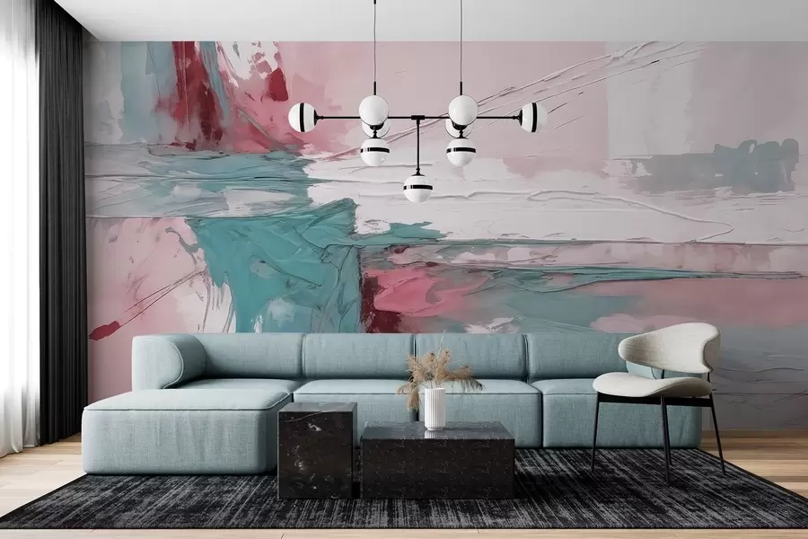 wall murals Minimalist abstract art composition with bold brushstrokes of pink, blue, and white paint  w08414v1