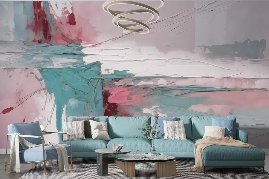 wall murals Minimalist abstract art composition with bold brushstrokes of pink, blue, and white paint  w08414v1