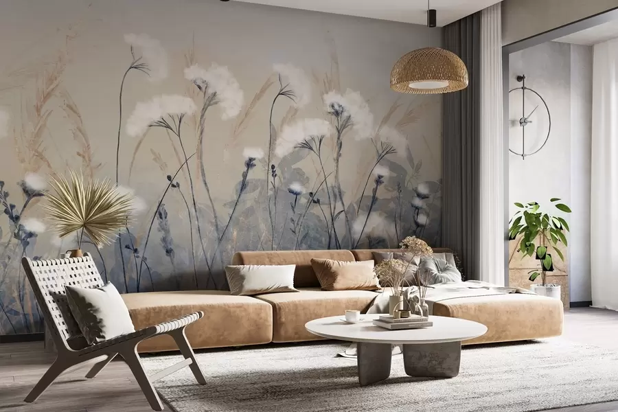 wall murals Fluffy white cotton grass against a blurred textural background, with a soft, hazy, and serene atmosphere w08416