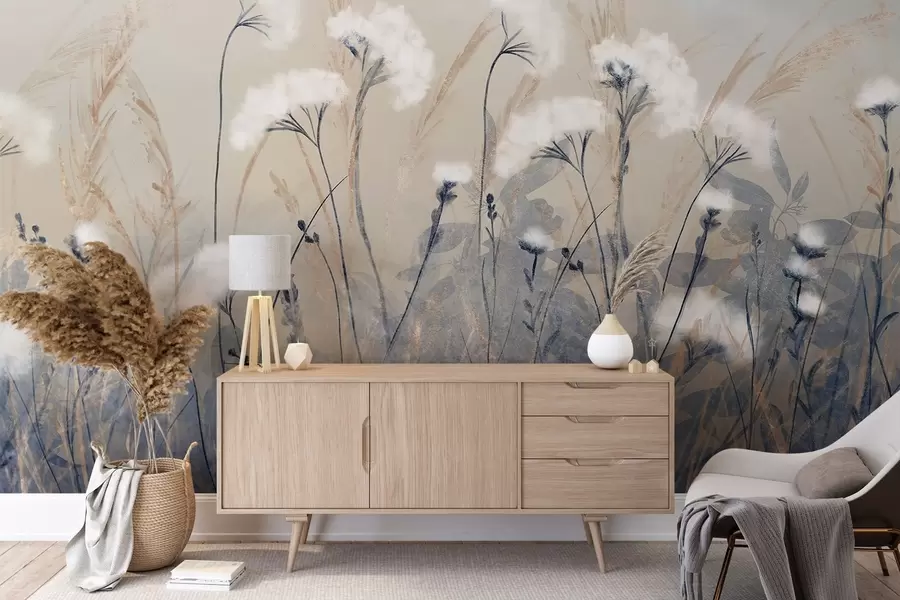 wall murals Fluffy white cotton grass against a blurred textural background, with a soft, hazy, and serene atmosphere w08416