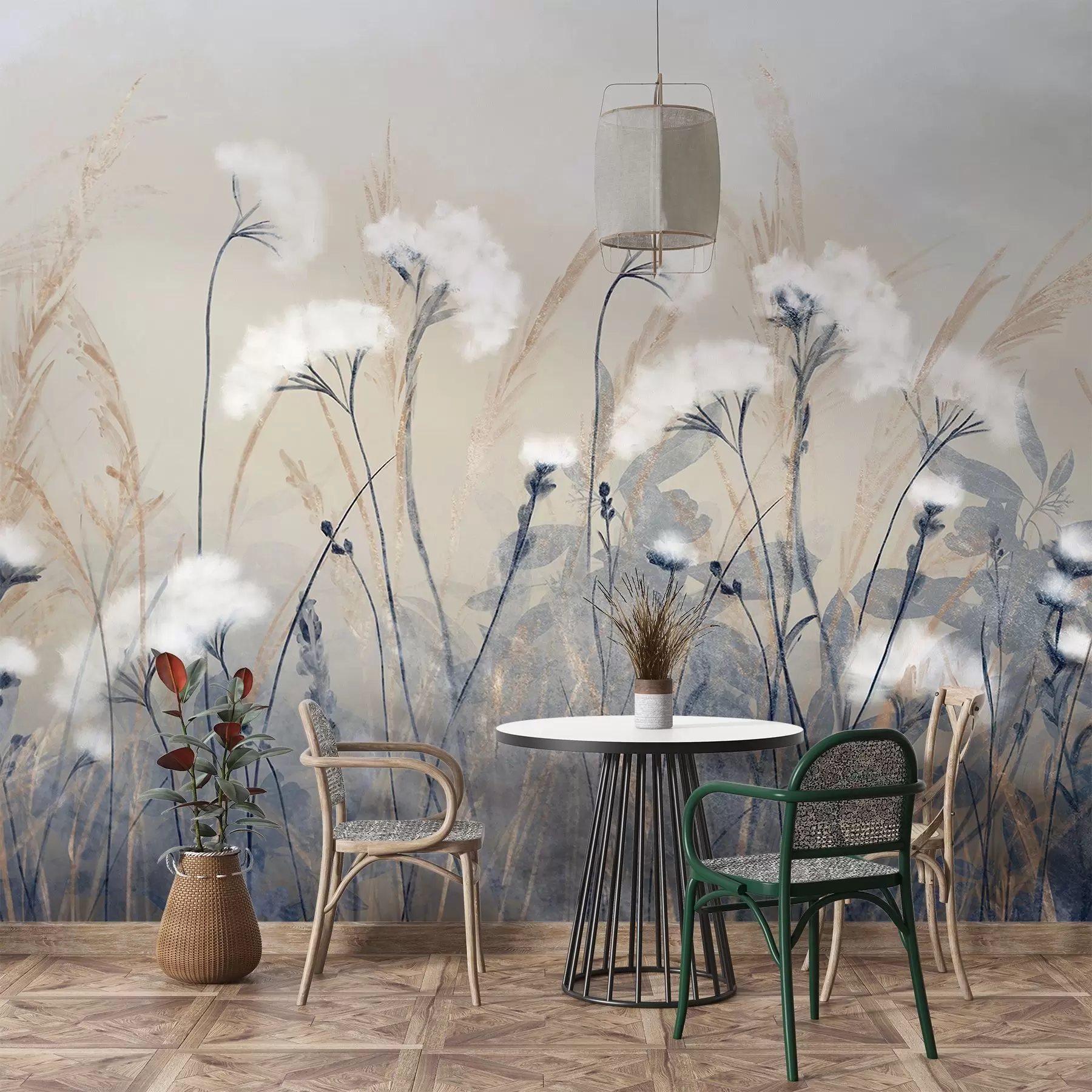 wall murals Fluffy white cotton grass against a blurred textural background, with a soft, hazy, and serene atmosphere w08416