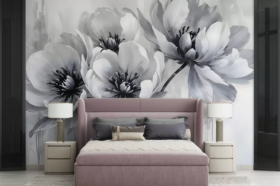 wall murals Monochrome tulip flowers with soft, blurred petals against a light background w08418