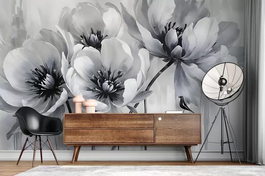wall murals Monochrome tulip flowers with soft, blurred petals against a light background w08418