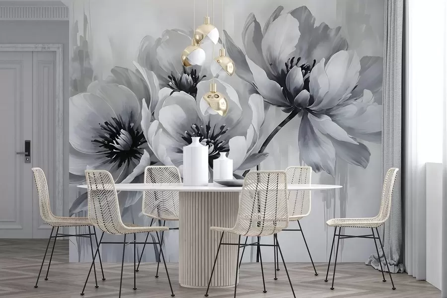 wall murals Monochrome tulip flowers with soft, blurred petals against a light background w08418