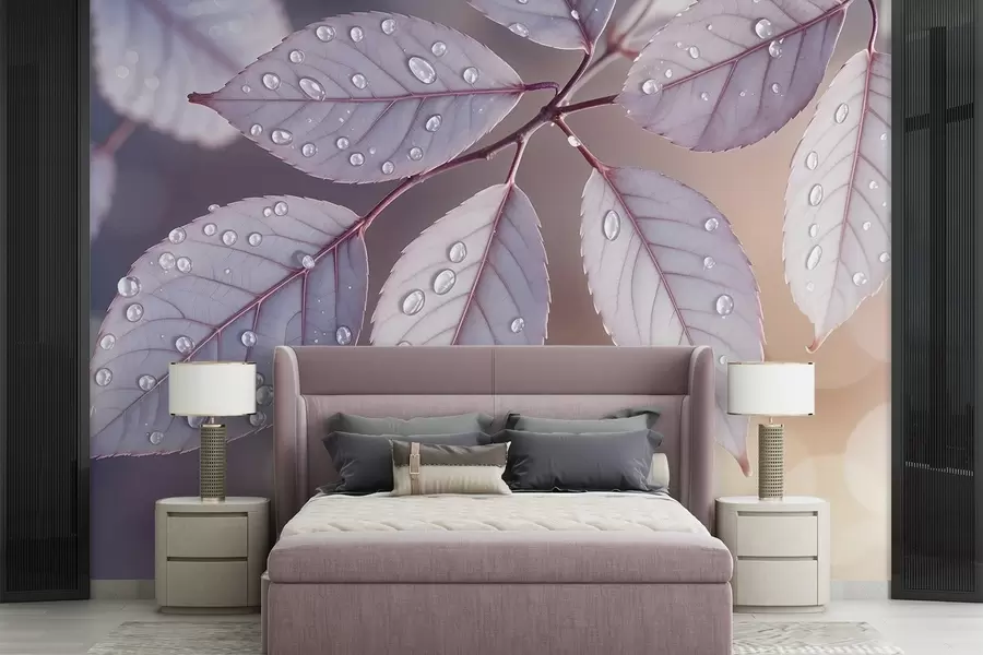 wall murals Delicate purple leaves with water droplets, soft focus background w08419