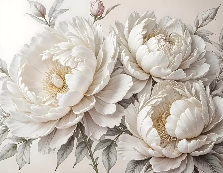 wall murals Delicate pastel white peonies with lush foliage against a soft, neutral background w08420
