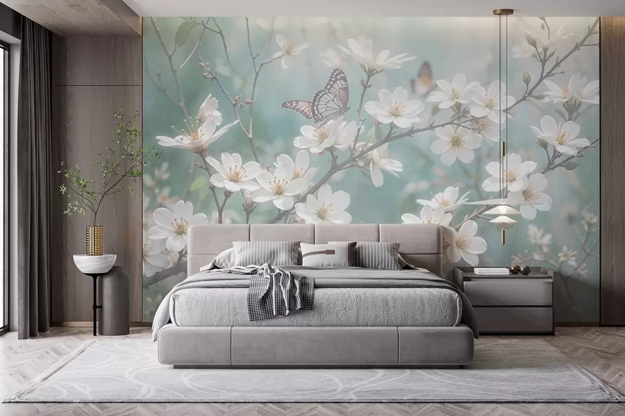 wall murals A white butterfly on a branch with delicate white cherry blossoms in the foreground against a blurred background w08421