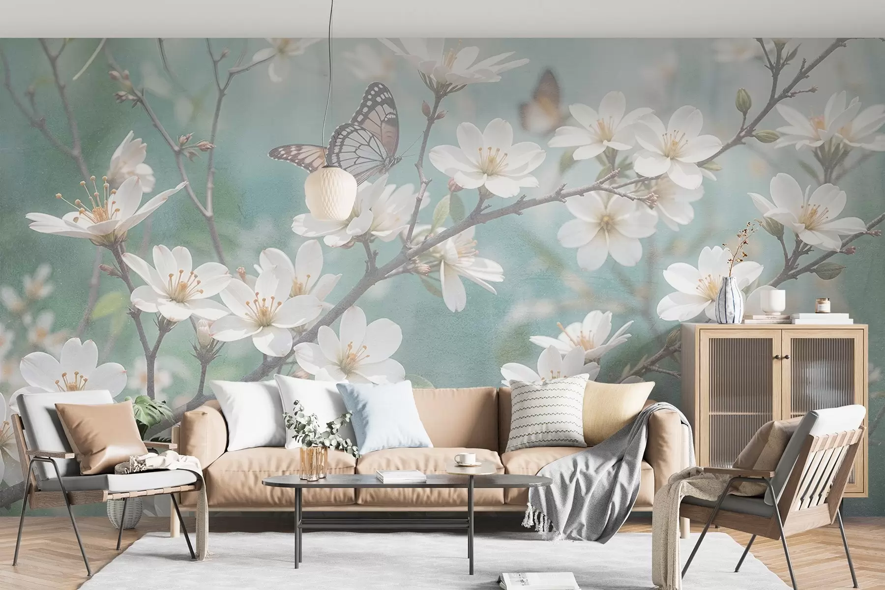 wall murals A white butterfly on a branch with delicate white cherry blossoms in the foreground against a blurred background w08421