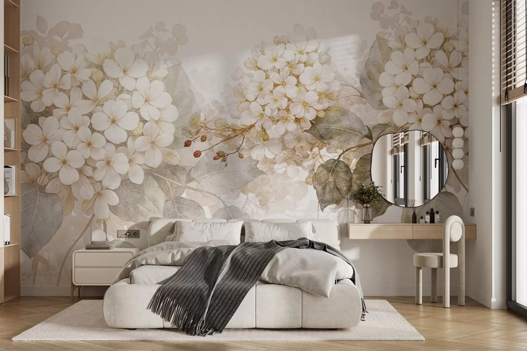 wall murals Delicate white hydrangea flowers with soft green leaves against a light background w08422